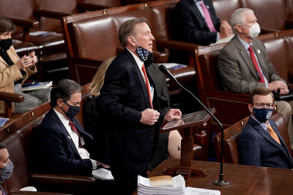 PHOTO: Rep. Paul Gosar objects to Arizona's Electoral College certification during a joint session of Congress to count the votes of the 2020 presidential election in the House Chamber in Washington, D.C., Jan. 6, 2021. 