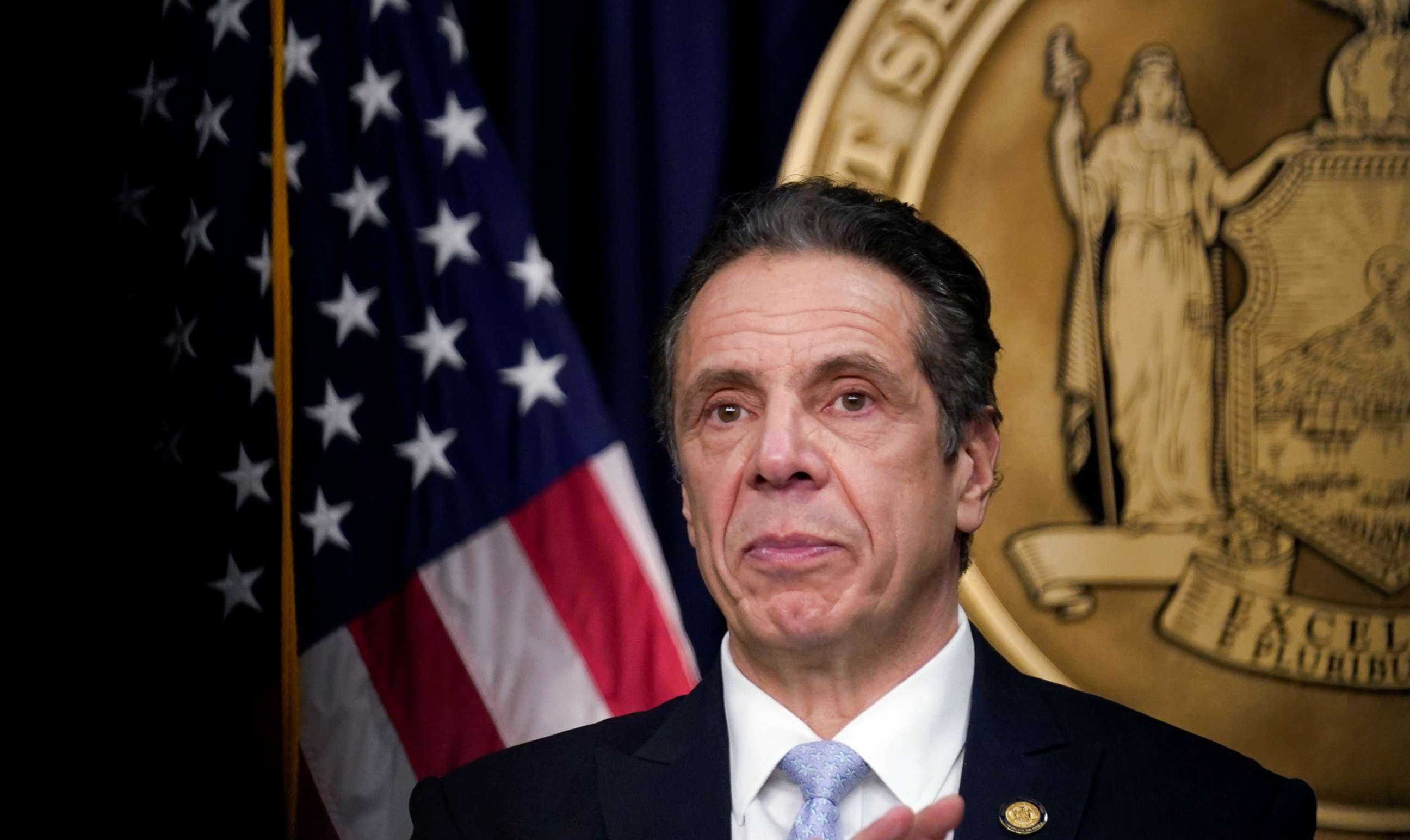 PHOTO: New York Governor Andrew Cuomo speaks during an event at his offices in New York, March 18, 2021. 