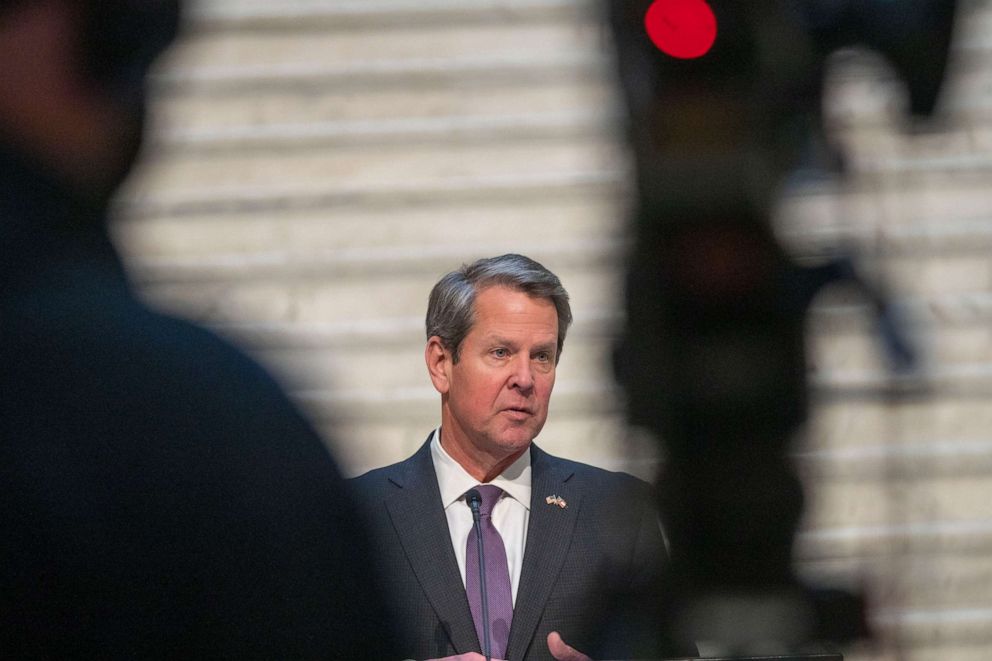 PHOTO: Georgia Gov. Brian Kemp makes remarks about the state's COVID-19 vaccination roll-out during a news conference at the Georgia State Capitol, March 16, 2021, in Atlanta.