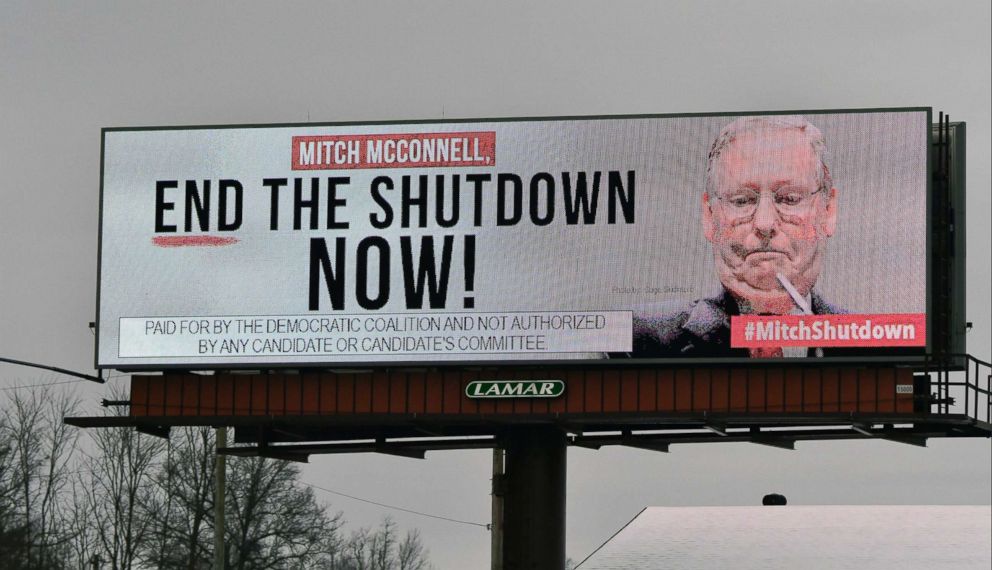 PHOTO: An electronic billboard, sponsored by the Democratic Coalition, calls for Mitch McConnell to end the shutdown on Jan. 12, 2019 in Nicholasville, Ky.