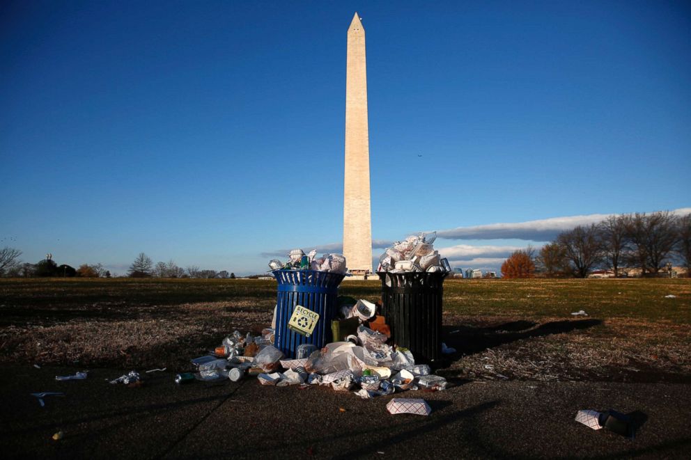 PHOTO: Trash begins to accumulate along the National Mall near the Washington Monument due to a partial shutdown of the federal government in Washington, D.C., Dec. 24, 2018.