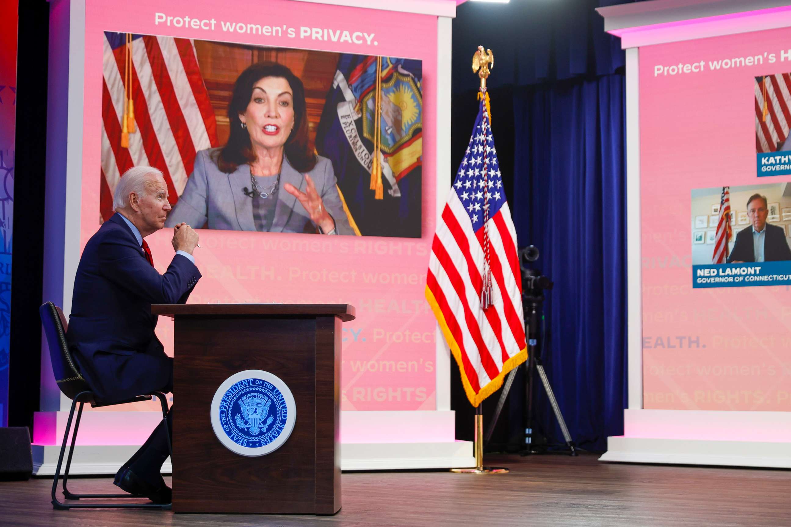 PHOTO: President Joe Biden listens to Governor of New York Kathy Hochul speak during a call with governors on protecting access to reproductive Health Care at the White House, July 1, 2022, in Washington, D.C. 