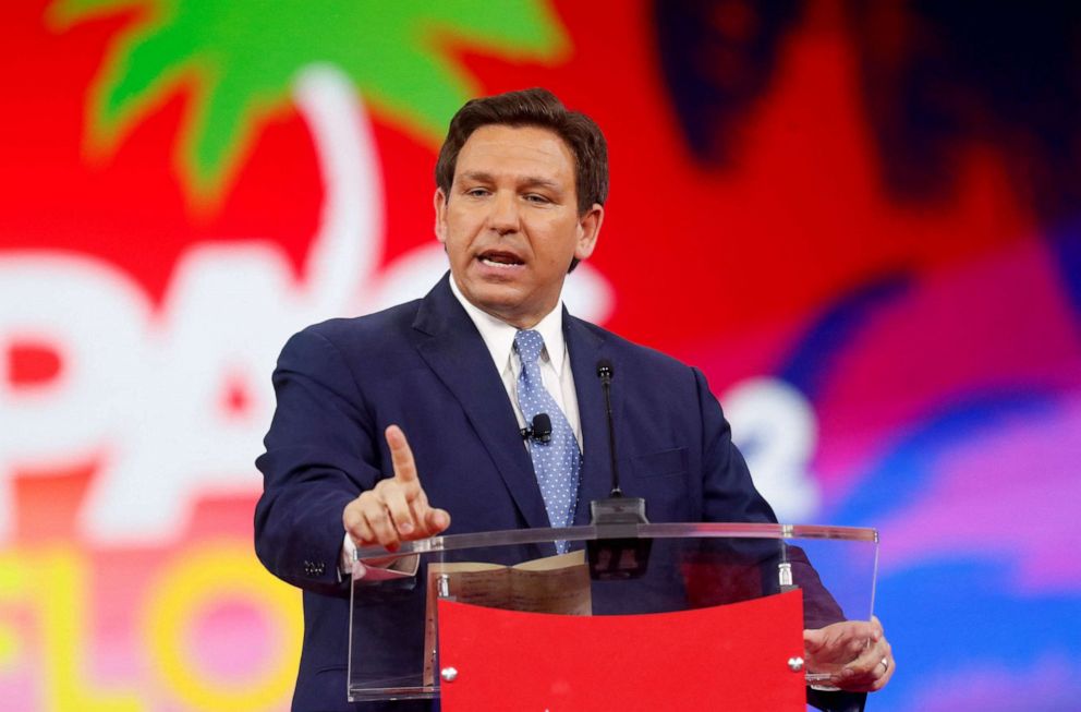 PHOTO: In this Feb. 24, 2022, file photo, Florida Governor Ron DeSantis speaks at the Conservative Political Action Conference (CPAC) in Orlando, Fla.