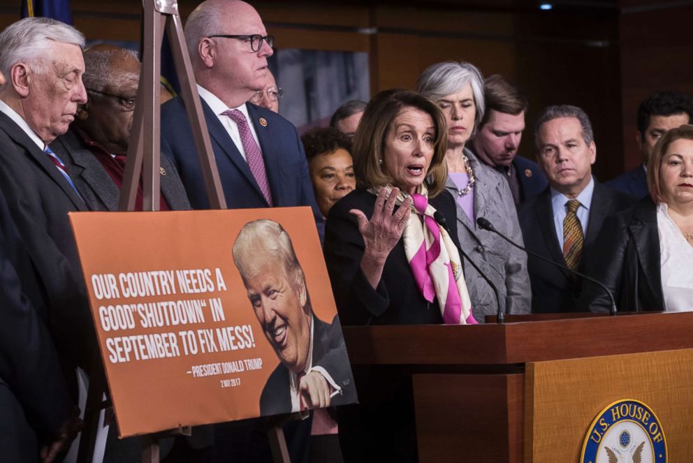 PHOTO: House Minority Leader Nancy Pelosi, center, speaks at a news conference, joined by, from left, Minority Whip Steny Hoyer, and Rep. Joseph Crowley, on the first morning of a government shutdown, Jan. 20, 2018.