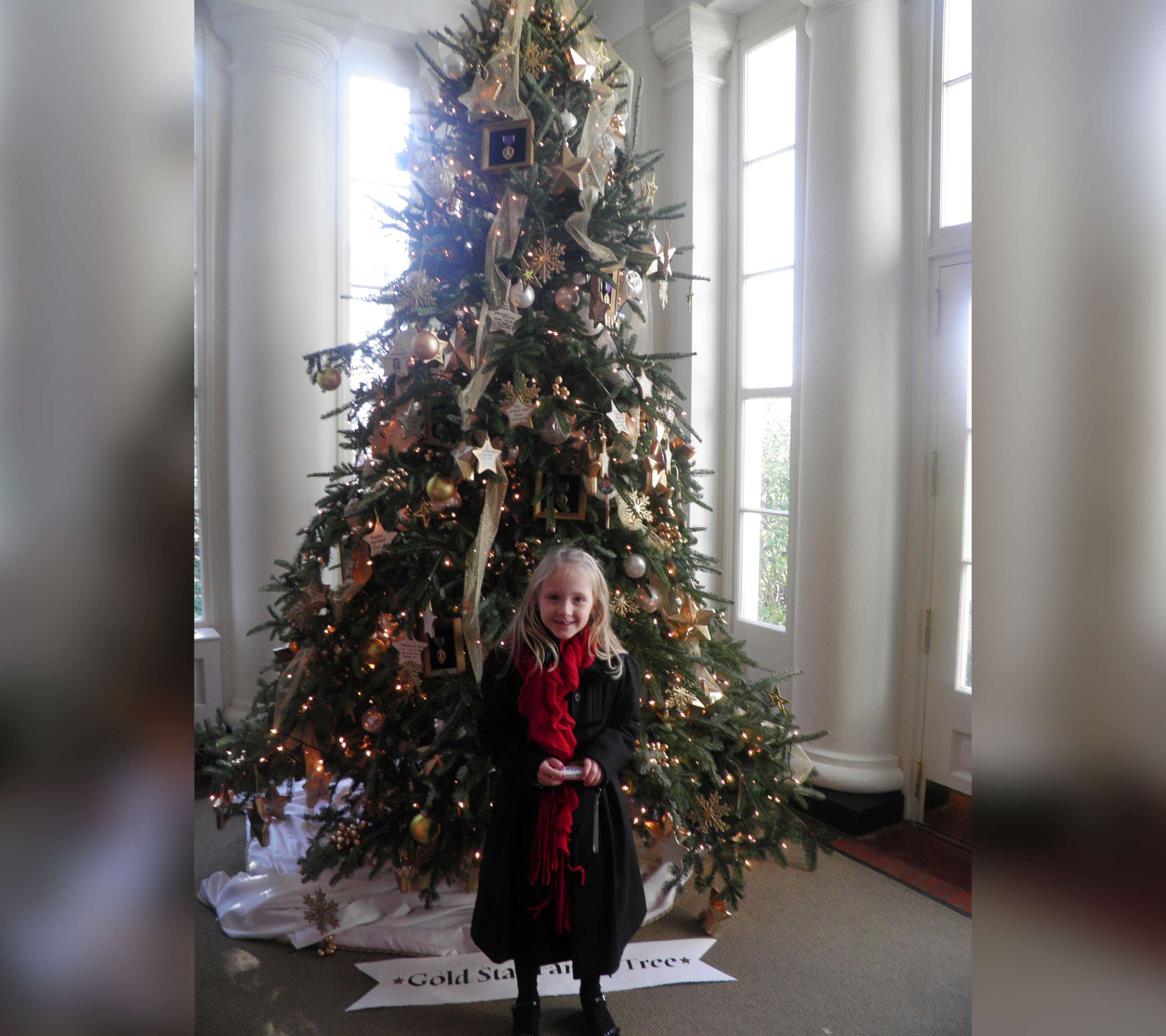 PHOTO: Grace Booth, daughter of 1st Lt. Joshua L. Booth, stands in front of the Gold Star Family Christmas tree at the White House in December 2011. 