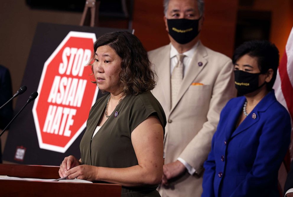 PHOTO: Rep. Grace Meng is joined by Rep. Mark Takano and Rep. Judy Chu as she speaks on the COVID-19 Hate Crimes Act at the U.S. Capitol on May 18, 2021, in Washington, D.C.