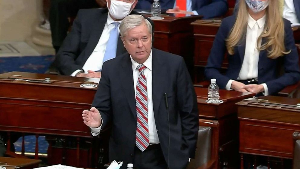PHOTO: Sen. Lindsey Graham speaks as the Senate reconvenes to debate the objection to confirm the Electoral College Vote after protesters stormed the Capitol, Jan. 6, 2021.
