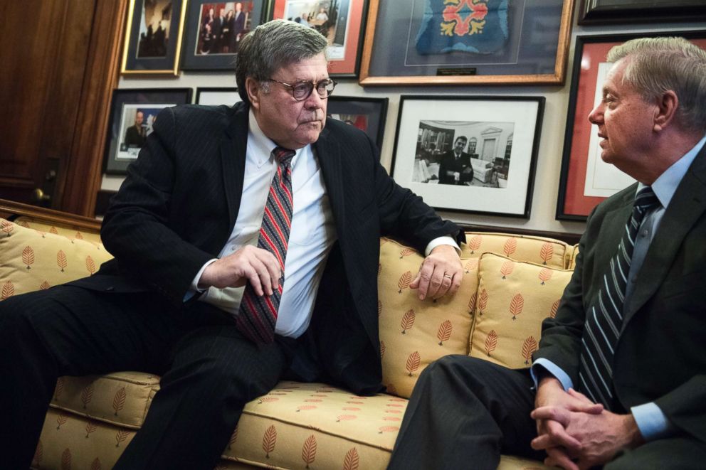 PHOTO: William Barr, left, nominee for attorney general, meets with Sen. Lindsey Graham, Jan. 9, 2019, in Washington.