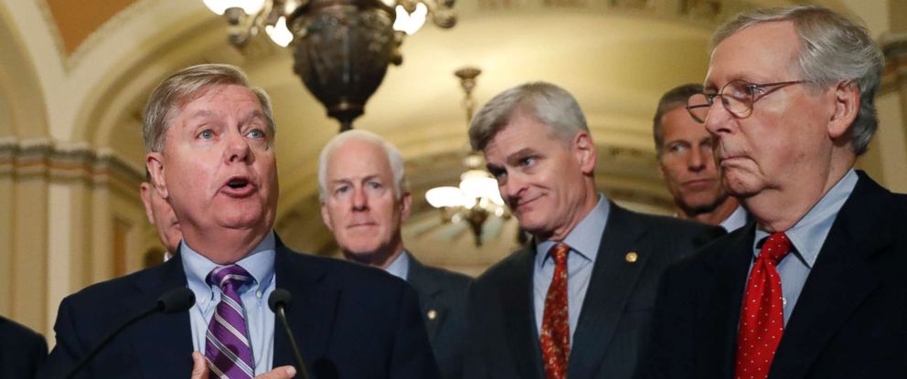 PHOTO: Sen. Lindsey Graham, speaks to the media, accompanied by Senate Majority Whip Sen. John Cornyn, Sen. Bill Cassidy, Sen. John Thune and Senate Majority Leader Mitch McConnell, Sept. 19, 2017, in Washington.