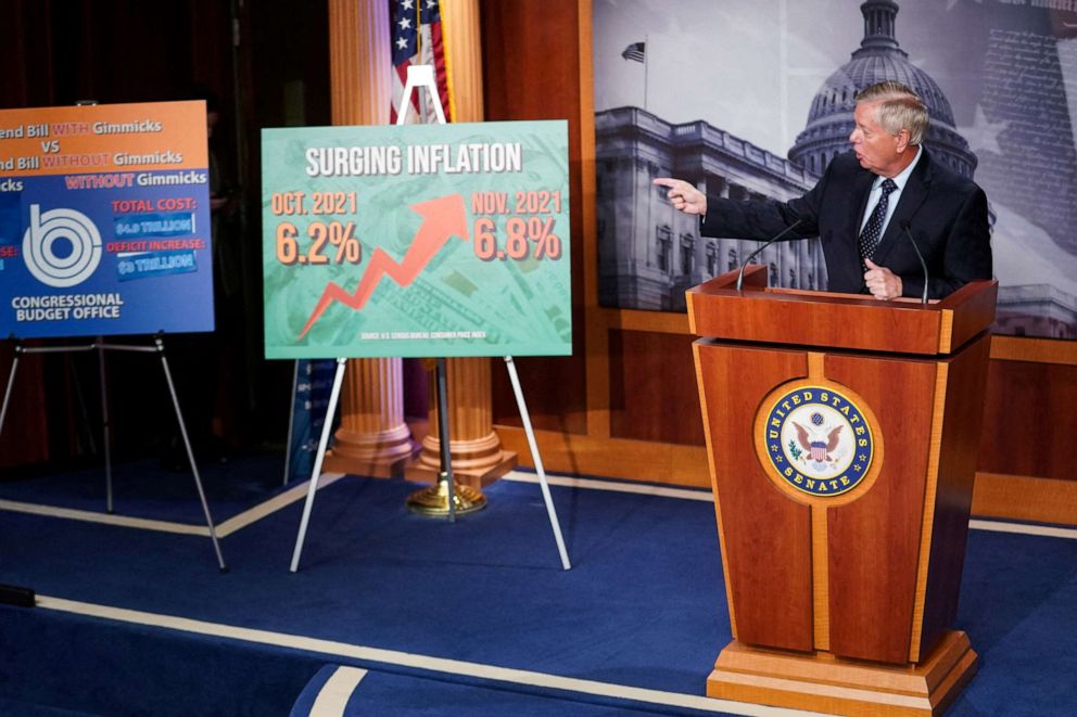 PHOTO: Sen. Lindsey Graham, R-S.C., speaks during a news conference on the Congressional Budget Office score of President Joe Biden's Build Back Better plan, at the U.S. Capitol in Washington, Dec. 10, 2021.