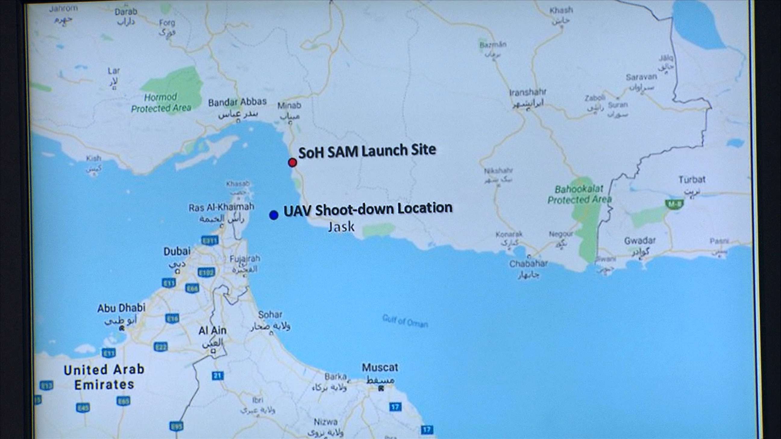 PHOTO: A graphic shown during Pentagon briefing, June 20, 2019, on the U.S. drone shot down by Iran.