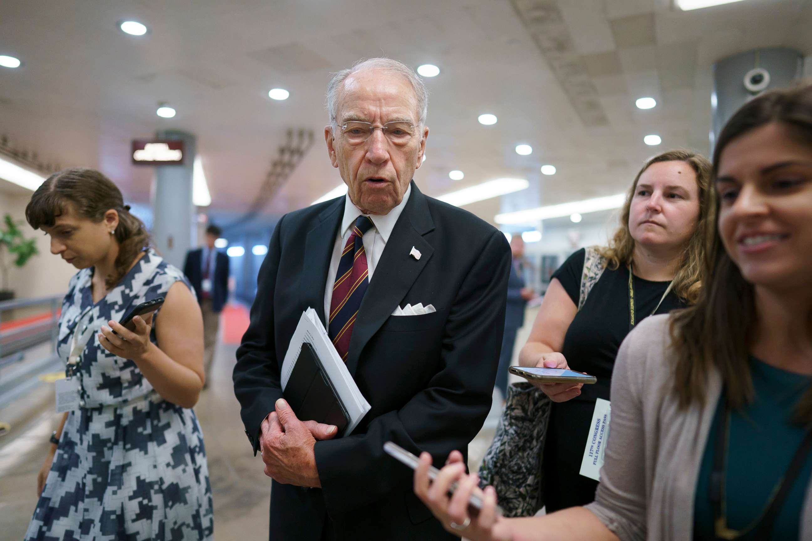PHOTO: Sen. Chuck Grassley, R-Iowa, the ranking member of the Senate Judiciary Committee, speaks to reporters as senators arrive for votes at the Capitol in Washington, D.C., July 13, 2021.