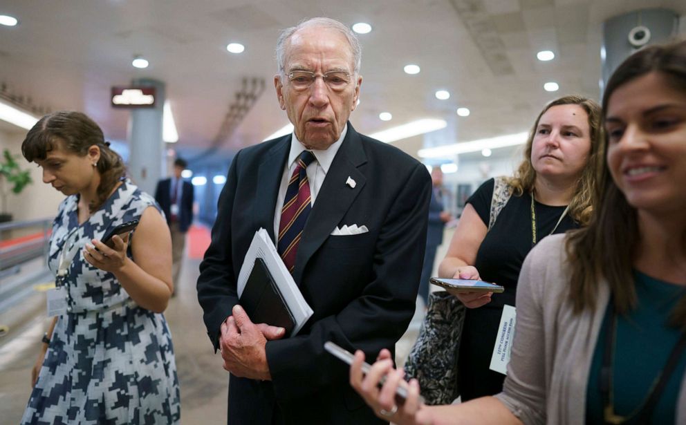 PHOTO: Sen. Chuck Grassley, R-Iowa, the ranking member of the Senate Judiciary Committee, speaks to reporters as senators arrive for votes at the Capitol in Washington, D.C., July 13, 2021.