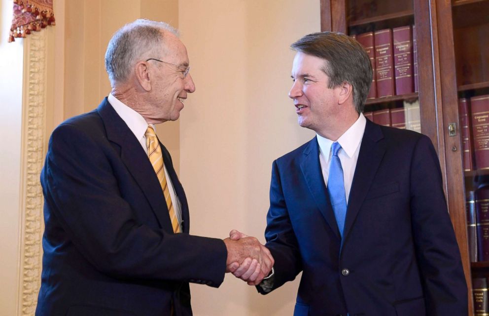 PHOTO: Sen. Chuck Grassley, left, shakes hands with Supreme Court nominee Brett Kavanaugh on Capitol Hill in Washington, July 10, 2018.