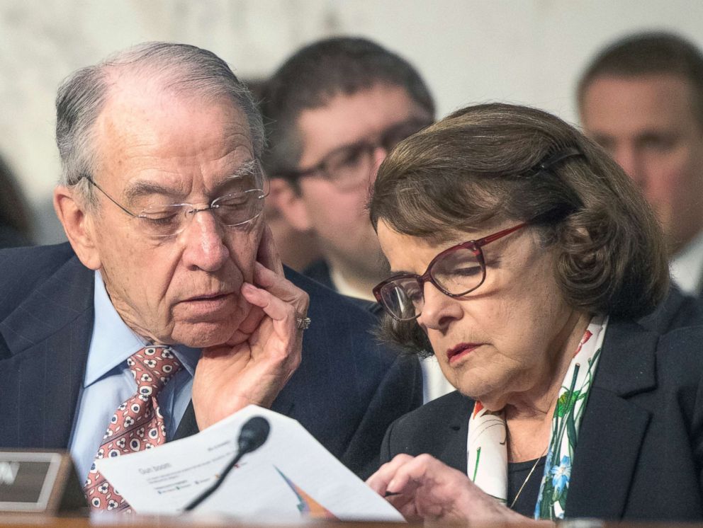 PHOTO: U.S. Senators Charles Grassley and Dianne Feinstein look over some notes as they hear testimony before the U.S. Senate Committee on the Judiciary on Capitol Hill in Washington, March 14, 2018.