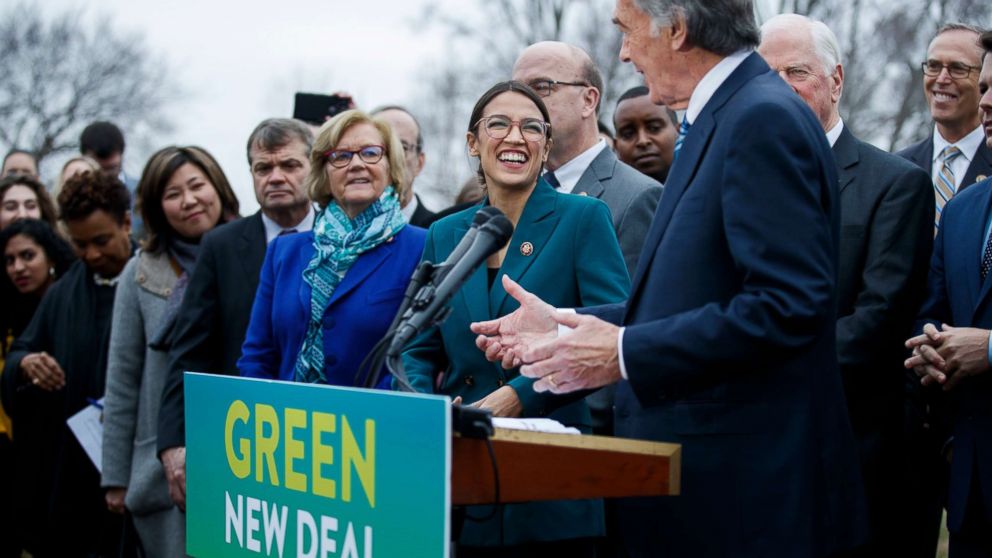 PHOTO: Rep. Alexandria Ocasio-Cortez and Sen. Ed Markey delivers remarks on the Green New Deal resolution during a press conference on Capitol Hill in Washington, Feb. 7, 2019.