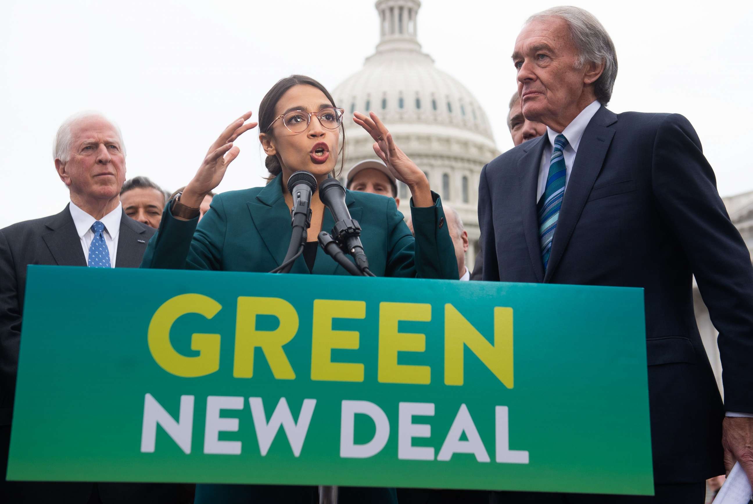 PHOTO: Rep. Alexandria Ocasio-Cortez and Sen. Ed Markey speak during a press conference to announce Green New Deal legislation to promote clean energy programs outside the U.S. Capitol in Washington, Feb. 7, 2019.