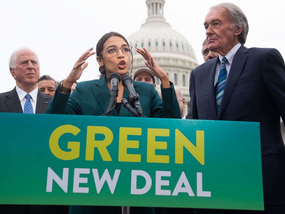 PHOTO: Rep. Alexandria Ocasio-Cortez Sen. Ed Markey speak during a press conference to announce Green New Deal legislation to promote clean energy programs outside the U.S. Capitol in Washington, Feb. 7, 2019.