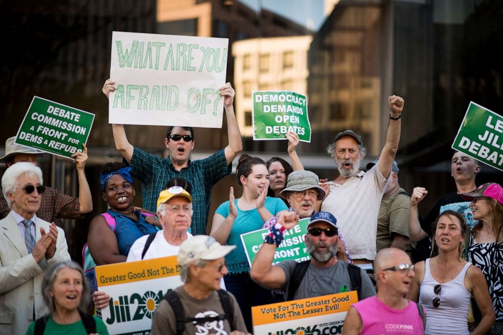 PHOTO: Supporters of Green Party Presidential candidate Jill Stein protest in front of the Commission on Presidential Debates in Washington on Sept. 14, 2016.