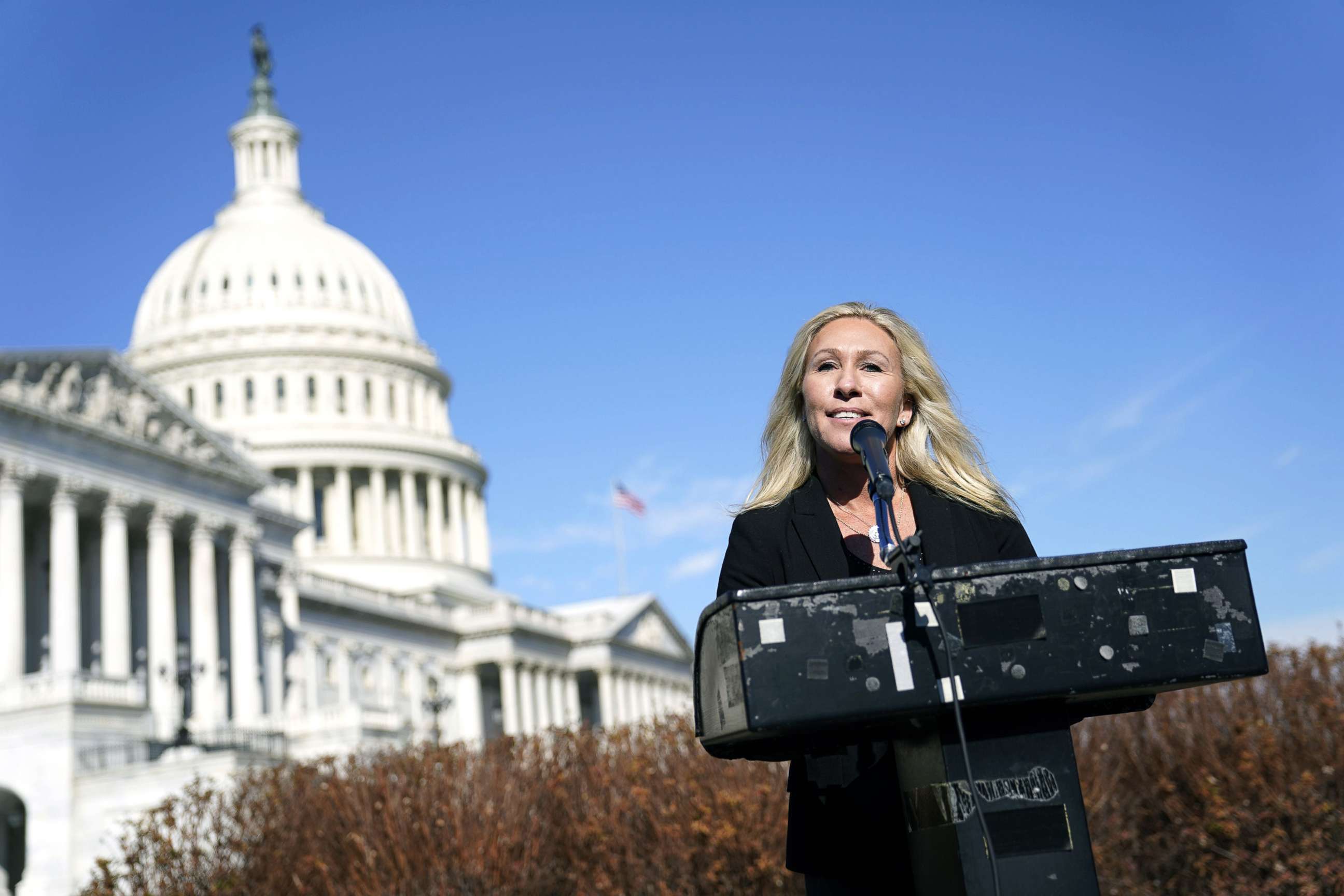 PHOTO: Rep. Marjorie Taylor Greene speaks during a press conference on Capitol Hill, Feb. 5, 2021.