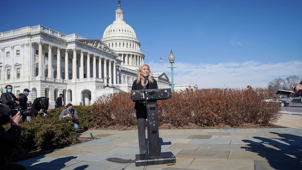 PHOTO: Rep. Marjorie Taylor Greene speaks during a news conference on Capitol Hill, Feb. 5, 2021.