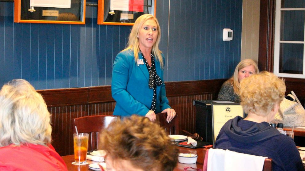 PHOTO: Republican Marjorie Taylor Greene speaks to a GOP women's group, March 3, 2020, in Rome, Ga. 
