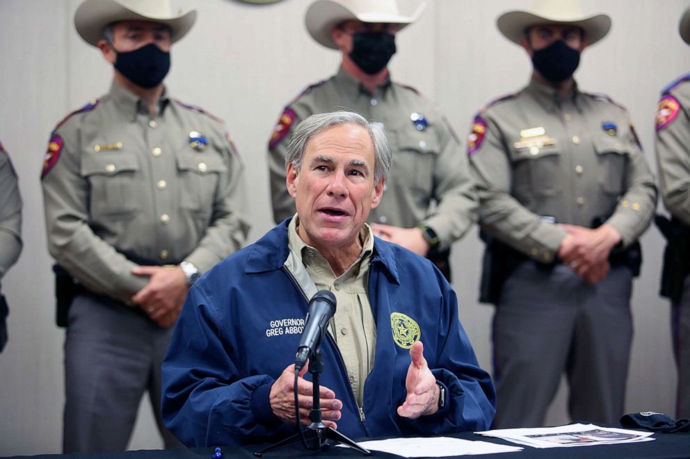 PHOTO: Texas Governor Greg Abbott talks during a press conference in Weslaco, Texas, April 1, 2021.
