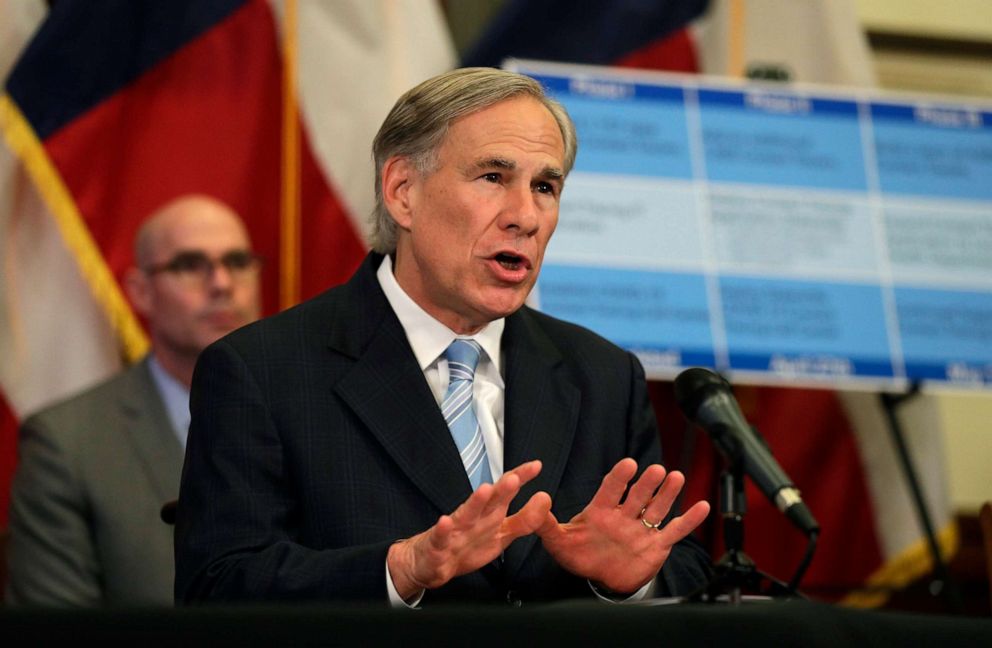 PHOTO: Texas Gov. Greg Abbott speaks during a news conference where he announced he would relax some restrictions imposed on some businesses due to the COVID-19 pandemic, April 27, 2020, in Austin, Texas.