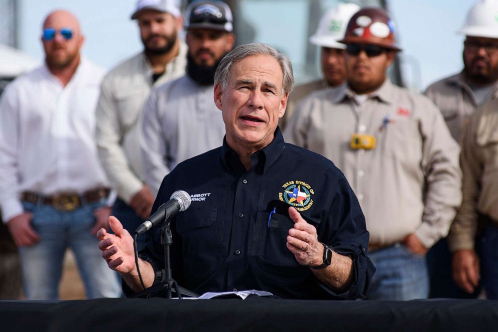 PHOTO: Texas Governor Greg Abbott speaks during a press conference in the Permian Basin related to his re-election campaign, Feb. 1, 2022, in Midland, Texas.