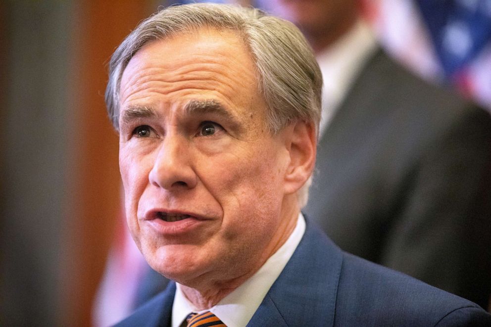 PHOTO: Texas Governor Greg Abbott speaks during a press conference where he signed Senate Bills 2 and 3 at the Capitol on June 8, 2021 in Austin, Texas.