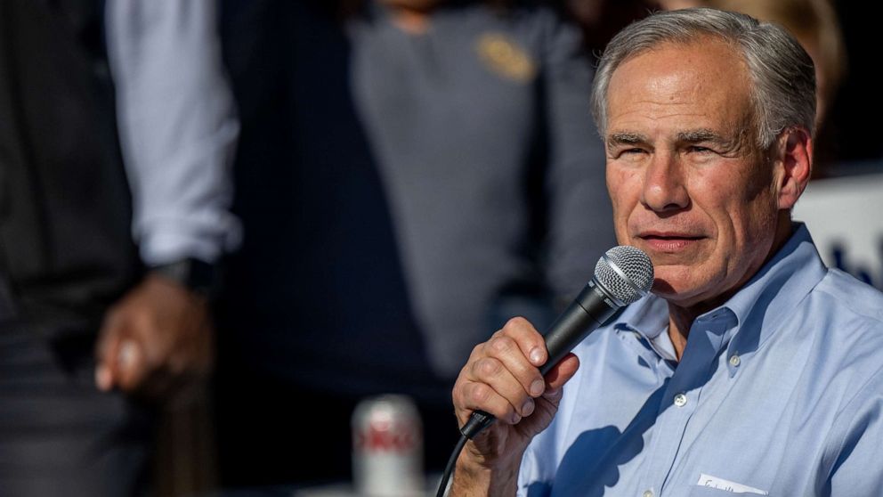 PHOTO: Texas Gov. Greg Abbott speaks during a 'Get Out The Vote' rally at the Fuzzy's Pizza & Italian Cafe, on Oct. 27, 2022, in Katy, Texas.