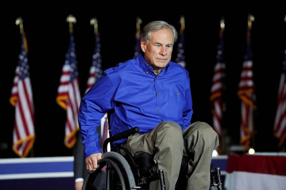 PHOTO: Texas Governor Greg Abbott attends former President Donald Trump's rally, in Conroe, Texas, Jan. 29, 2022.