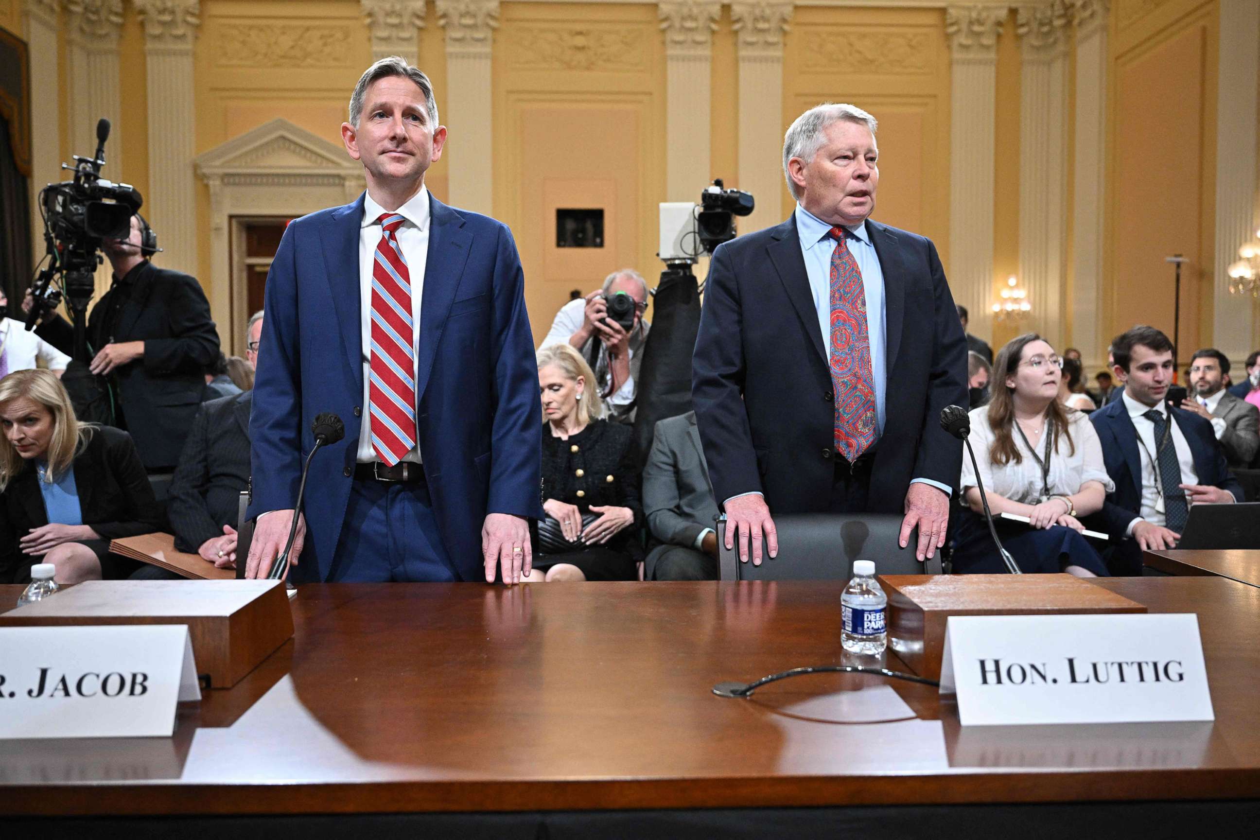 PHOTO: Former Counsel to Vice President Mike Pence, Greg Jacob andinformal advisor toVP Mike Pence, J. Michael Luttig arrive to testify during the hearing  to Investigate the Jan. 6 Attack on the US Capitol, in Washington, June 16, 2022. 