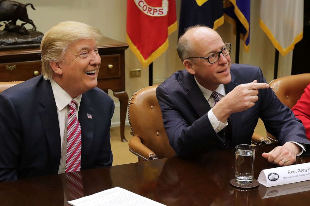 PHOTO: President Donald Trump, left, meets with House of Representatives Energy and Commerce Committee Chairman Greg Walden, R-OR, and other committee chairs in the Roosevelt Room at the White House in Washington, D.C., March 10, 2017.
