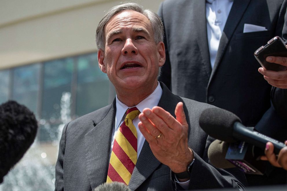 PHOTO: Texas Governor Greg Abbott speaks to the press at the Fountain of Praise church in Houston, June 8, 2020.