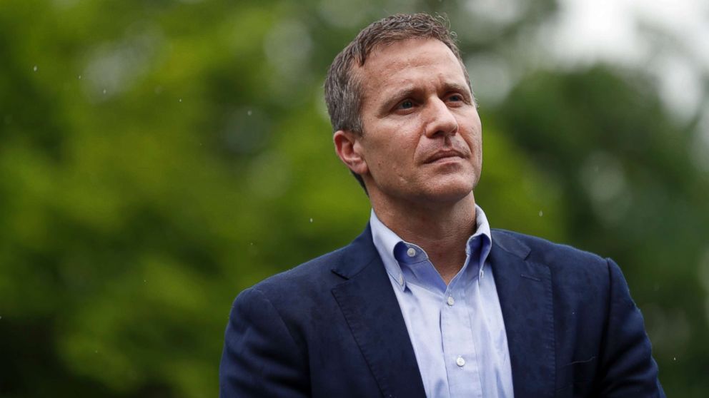 PHOTO: Missouri Gov. Eric Greitens stands off to the side before stepping up to the podium to deliver remarks to a small group of supporters near the Capitol, May 17, 2018, in Jefferson City, Mo.