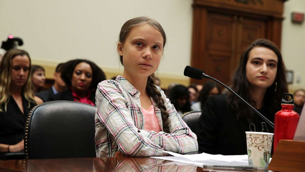 PHOTO: Greta Thunberg and Jamie Margolin, right, testify during a House Foreign Affairs Committee Europe, Eurasia, Energy and the Environment Subcommittee and House (Select) Climate Crisis Committee joint hearing, Sept. 18, 2019, in Washington, DC.