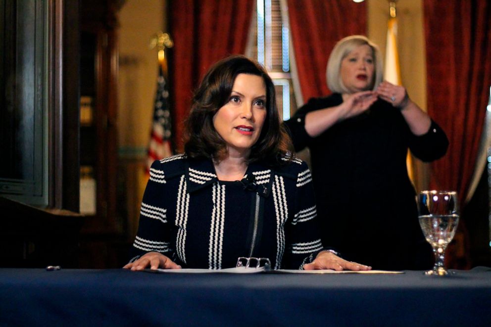 PHOTO: In this photo provided by the Michigan Office of the Governor, Michigan Gov. Gretchen Whitmer addresses the state during a speech in Lansing, Mich., Thursday, April 2, 2020.