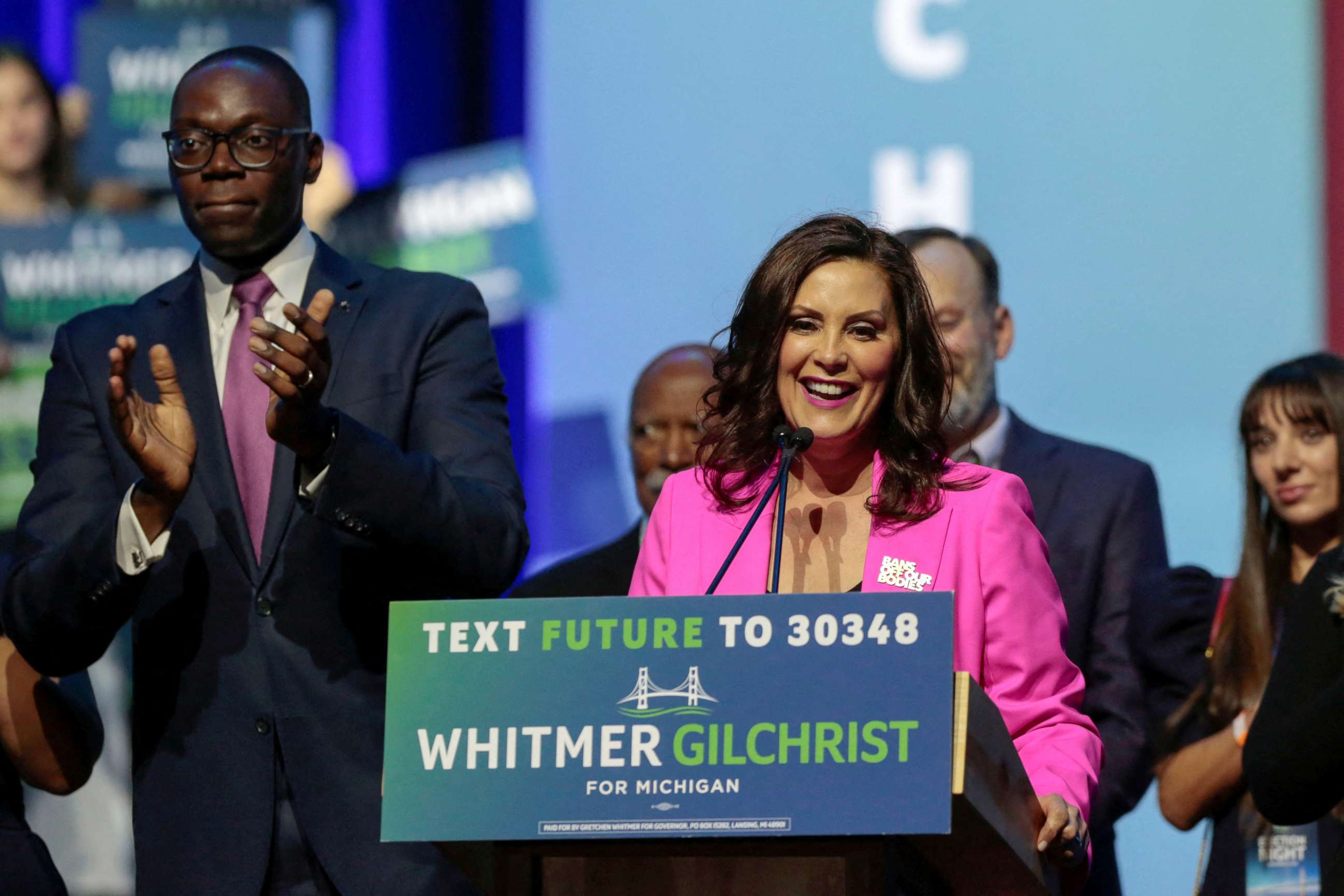 PHOTO: Democratic Michigan Governor Gretchen Whitmer reacts during her 2022 U.S. midterm elections night party in Detroit, Nov. 9, 2022.