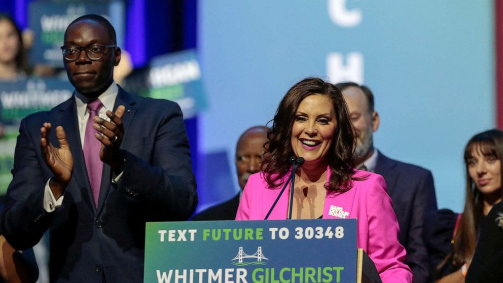 PHOTO: Democratic Michigan Governor Gretchen Whitmer reacts during her 2022 U.S. midterm elections night party in Detroit, Nov. 9, 2022.