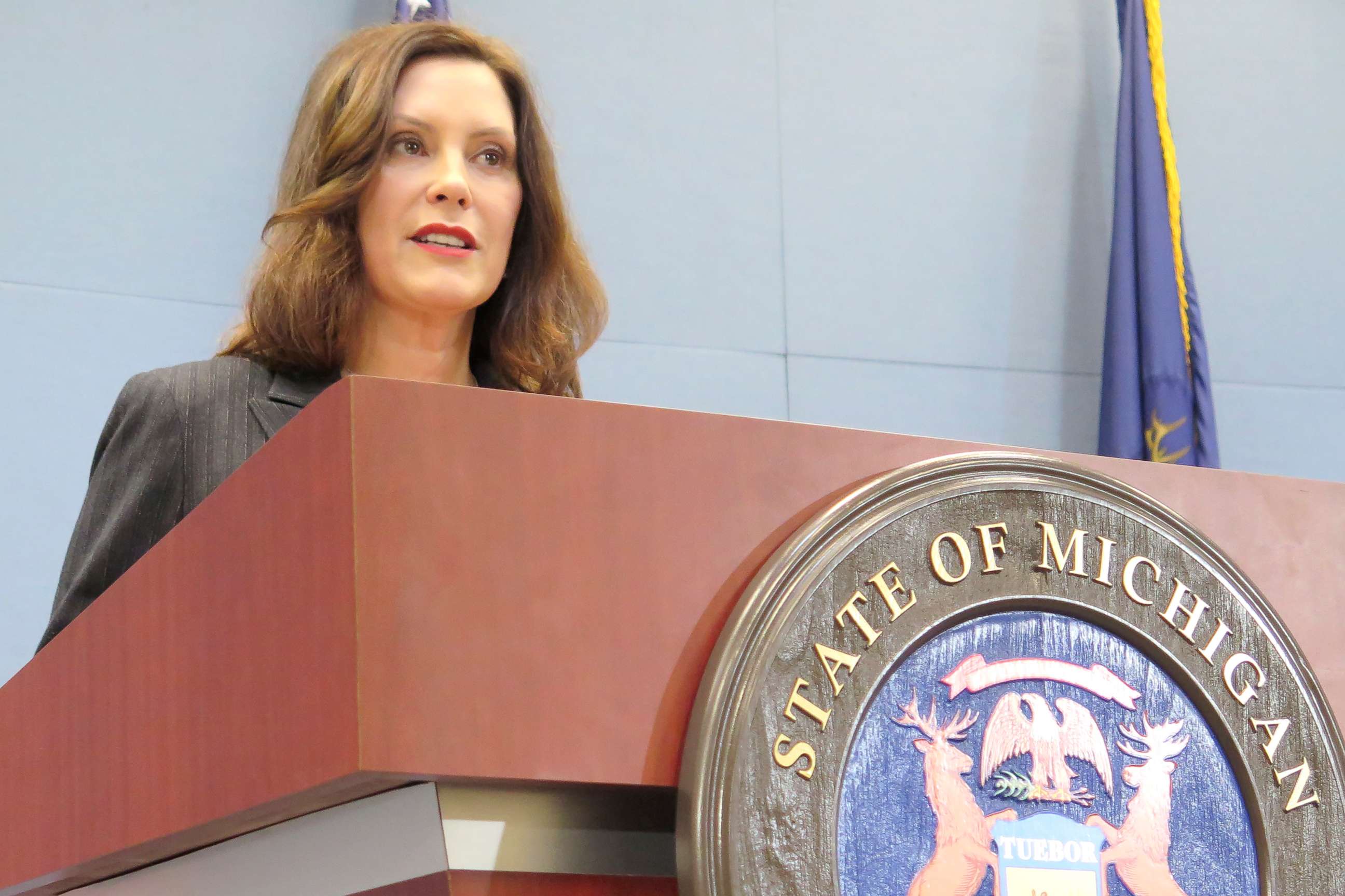 PHOTO: Michigan Gov. Gretchen Whitmer speaks with reporters, Tuesday, Feb. 4, 2020, at her office in Lansing, Mich., about delivering the Democratic response to President Donald Trump's State of the Union address.