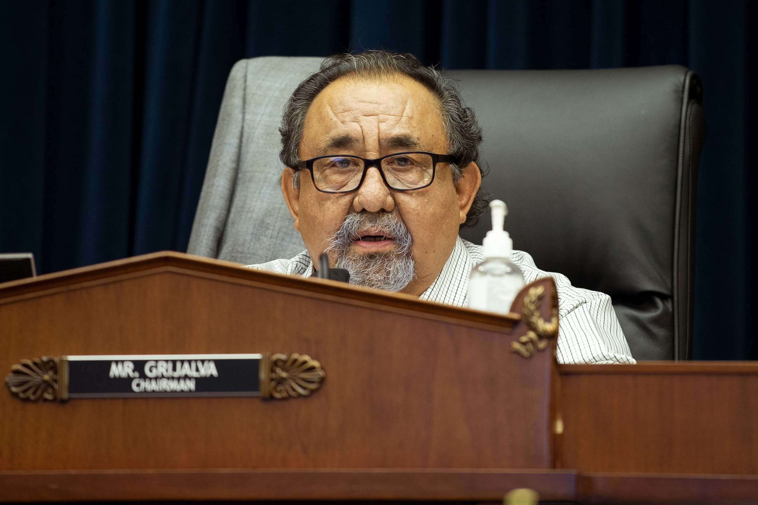 PHOTO: House Natural Resources Committee Chairman Raul Grijalva makes a closing statement at a hearing in Washington, June 29, 2020.
