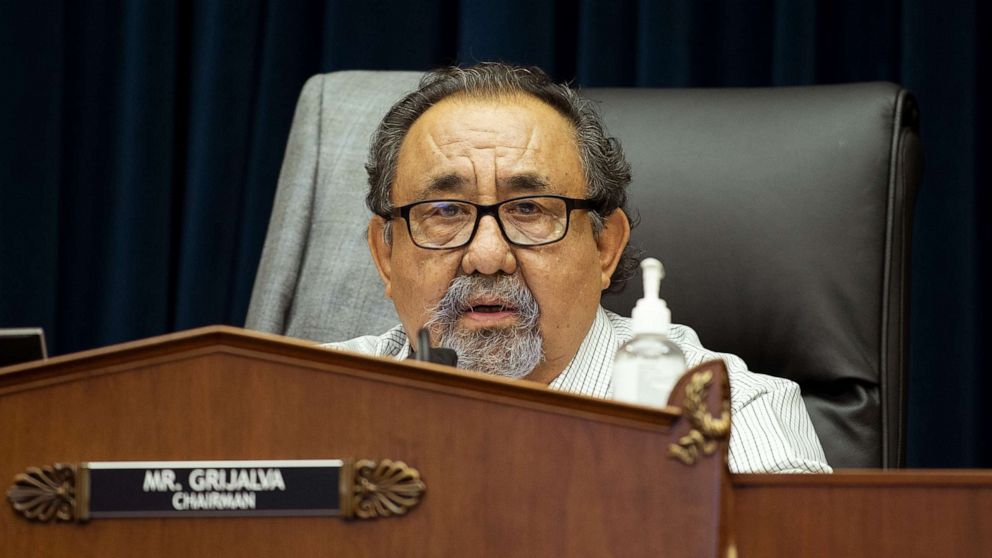 PHOTO: House Natural Resources Committee Chairman Raul Grijalva makes a closing statement at a hearing in Washington, June 29, 2020.