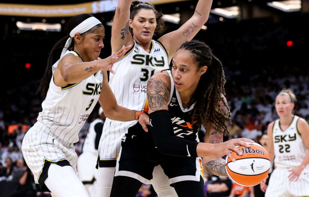 PHOTO: Candace Parker #3 of the Chicago Sky and Stefanie Dolson #31 of the Chicago Sky defend Brittney Griner #42 of the Phoenix Mercury in the first half at Footprint Center, Oct. 10, 2021, in Phoenix.