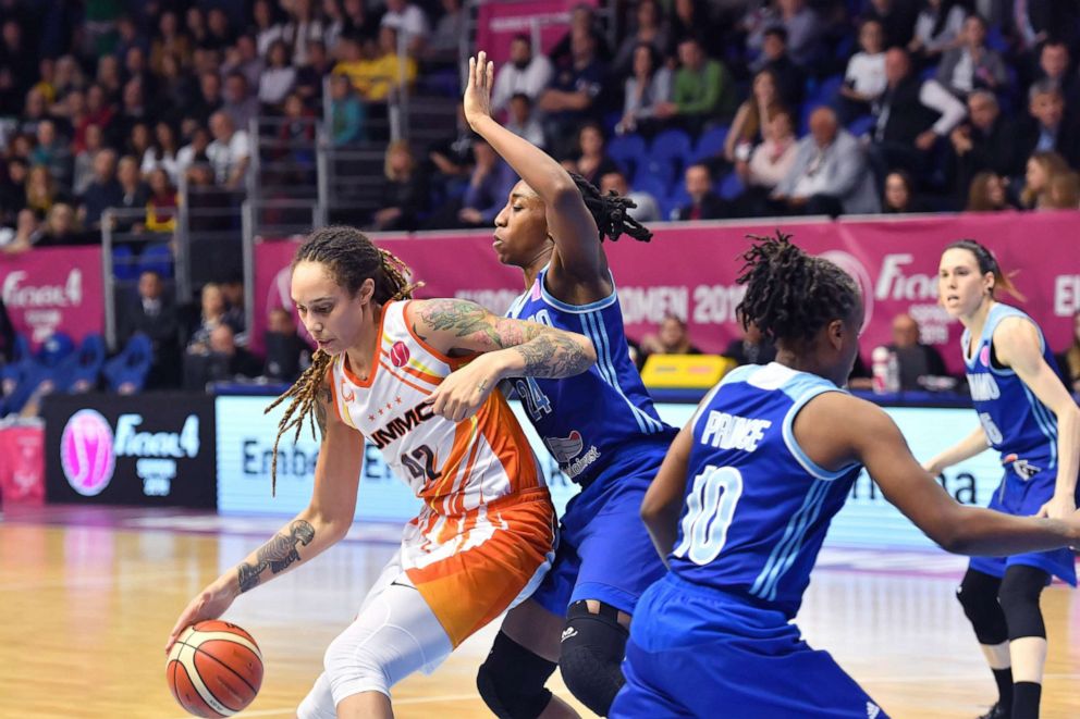 PHOTO: Brittney Griner of Ekaterinburg is challenged by Quanitra Hollingswort of Kursk during the Euro League Women final match between UMMC Ekaterinburg and Dynamo Kursk at Novomatic Arena, April 14, 2019, in Sopron, Hungary. 