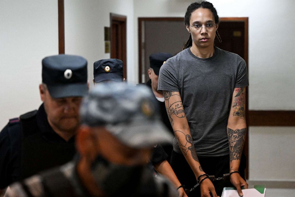 PHOTO: WNBA basketball player Brittney Griner, who was detained at Moscow's Sheremetyevo airport and later charged with illegal possession of cannabis, arrives to a hearing at the Khimki Court, outside Moscow, Aug. 4, 2022.