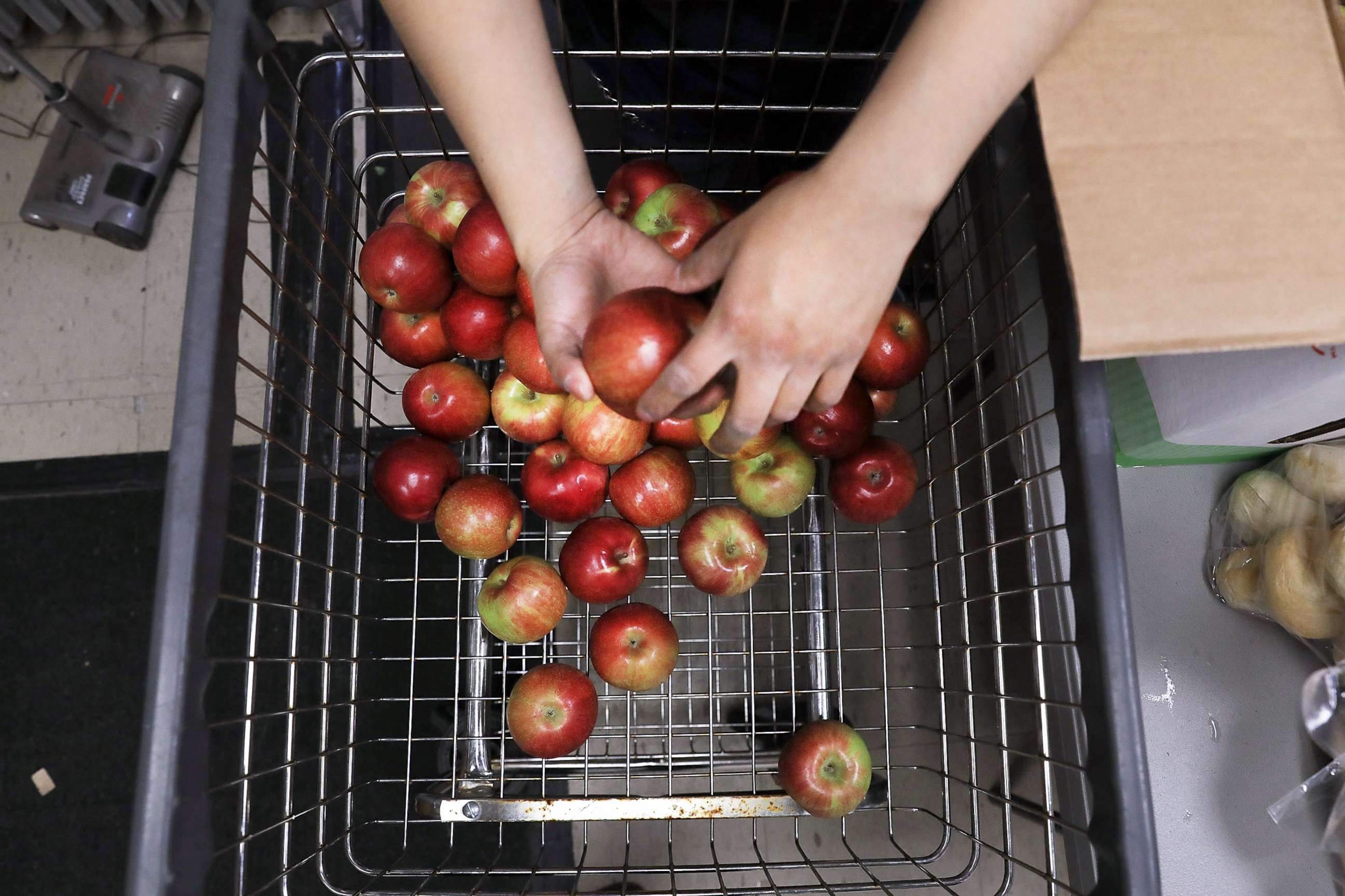 PHOTO: A woman sorts apples at the Reaching Out Community Services food pantry in Brooklyn on May 15, 2017 in New York City.