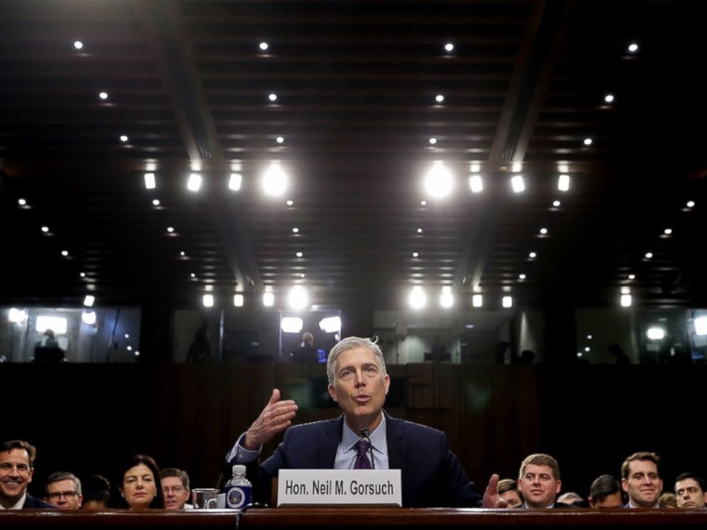 PHOTO: Judge Neil Gorsuch testifies during the second day of his Supreme Court confirmation hearing before the Senate Judiciary Committee in the Hart Senate Office Building on Capitol Hill March 20, 2017 in Washington.