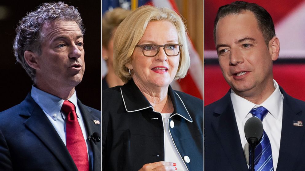 Sen. Rand Paul (R-KY) speaks to voters at the Heritage Action Presidential Candidate Forum, Sept. 18, 2015, in Greenville, South Carolina. Sen. Claire McCaskill, (D-MO) speaks at a news conference on Capitol Hill in Washington, July 25, 2013. Reince Priebus, chairman of the Republican National Committee, delivers a speech during the evening session on the fourth day of the Republican National Convention, July 21, 2016 at the Quicken Loans Arena in Cleveland, Ohio.