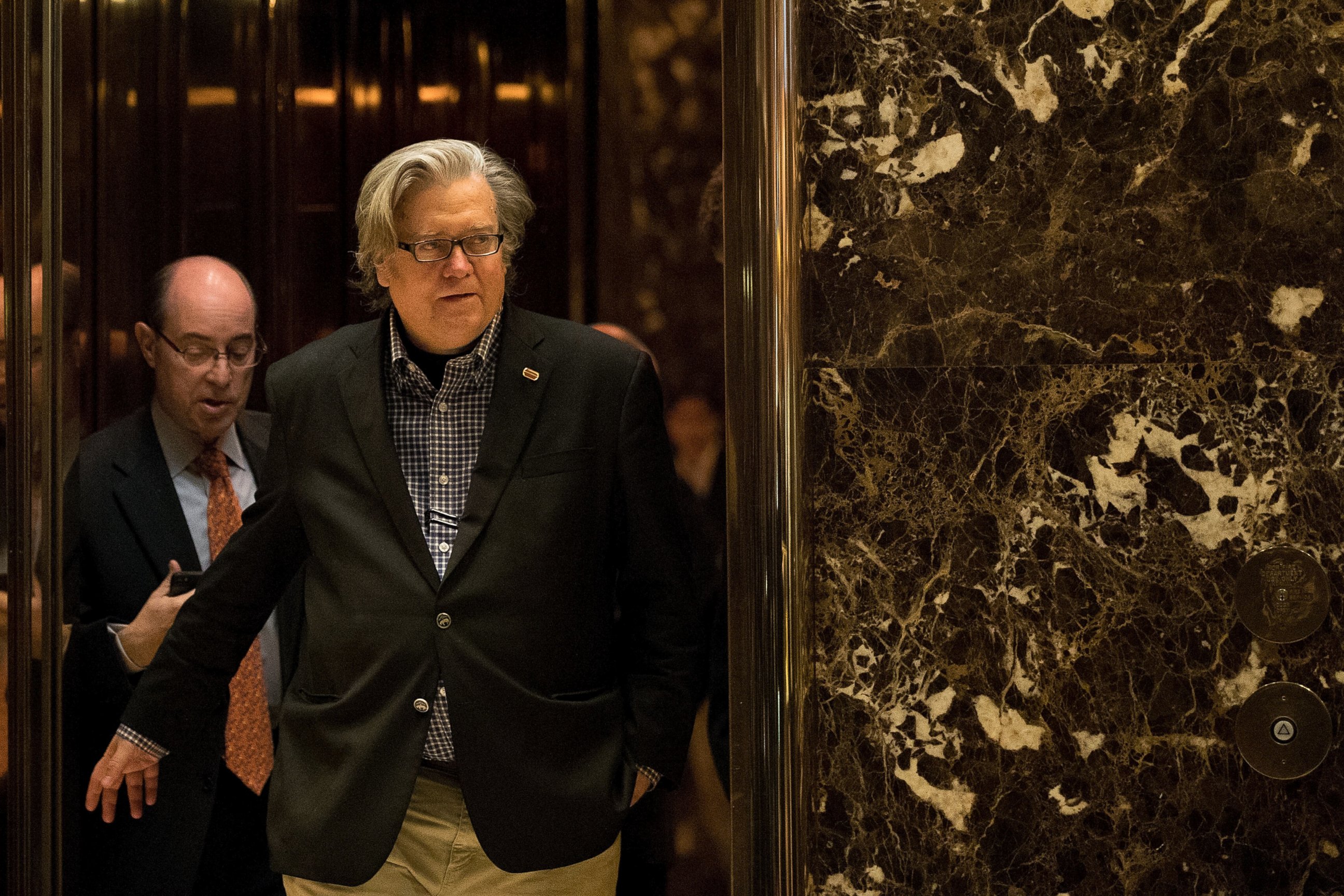 PHOTO: Steve Bannon exits an elevator in the lobby of Trump Tower, Nov. 11, 2016, in New York.